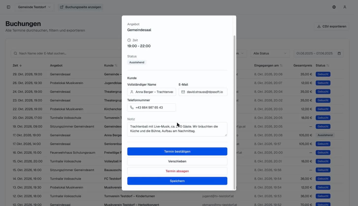 Verwaltung: Anfrage eines Vereins mit Notiz, Schaltflächen Termin bestätigen, Verschieben, Absagen