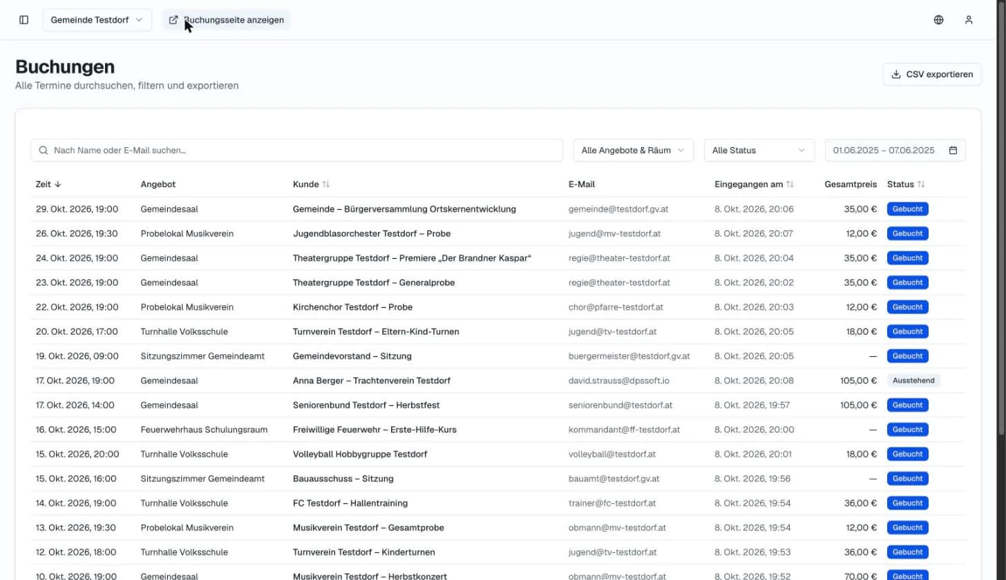 Verwaltung: Liste aller Buchungen mit Raum, Verein, Gesamtpreis und Status